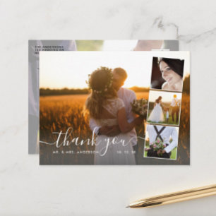 Elegante Schrift 4 Foto-Collage Hochzeit Danke Postkarte