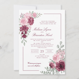 Elegante Schrift Burgunder Blumen Aquarell Hochzei Einladung