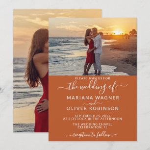 Elegante Schrift Foto Boho Terrakotta Hochzeit Einladung