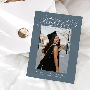 Elegante Schrift Graduierungsfoto Schieferblau Dankeskarte