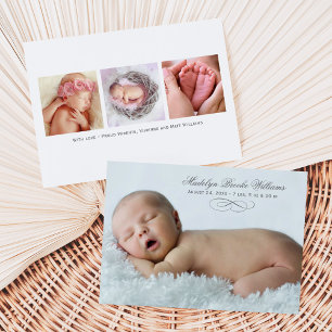 Elegante Schrift Graue Baby Mehrfach Foto Geburt Ankündigung