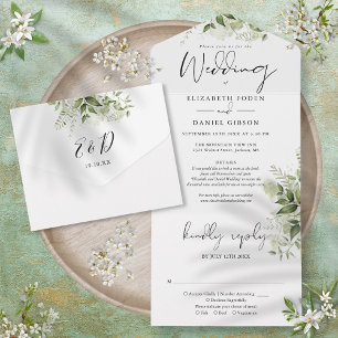 Elegante Schrift Grüne Florale Details RSVP Hochze All In One Einladung