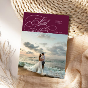 Elegante Schrift Hochzeitsfoto Cranberry Dankeskarte