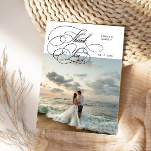 Elegante Schrift Hochzeitsfoto Weiß Dankeskarte