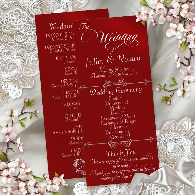 Elegante Schrift & Monogramm - Rote Hochzeit Programm (Von Creator hochgeladen)