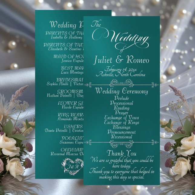Elegante Schrift & Monogramm - Türkise Hochzeit Programm (Von Creator hochgeladen)