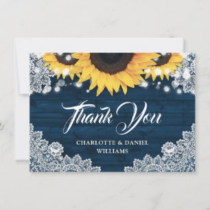 Elegante Schrift Navy Blau Sonnenblume Holz Hochze Dankeskarte