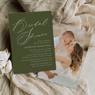 Elegante Schrift Olive-Grün Foto-Brautjungfernpart Einladung