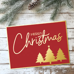 Elegante Schrift Rot Gold Frohe Weihnachten Bäume Folien Feiertagskarte