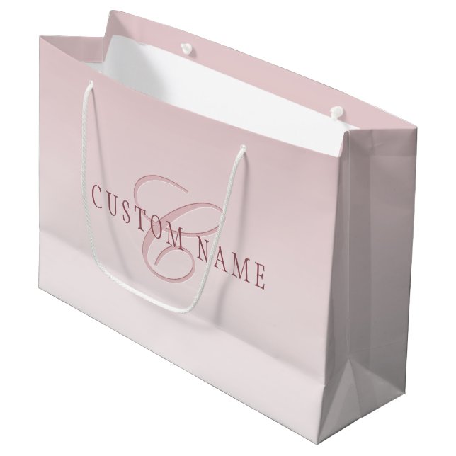Elegante Schrift und Monogramm | Rose Ombre Große Geschenktüte (Vorderseite Schrägansicht)