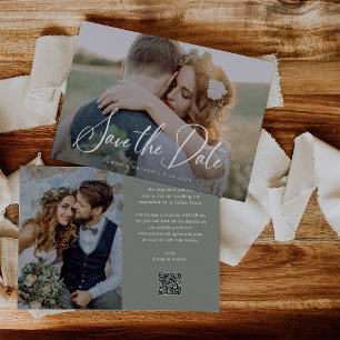Elegante Schrift und Salbeigrün Foto und QR-Code Save The Date