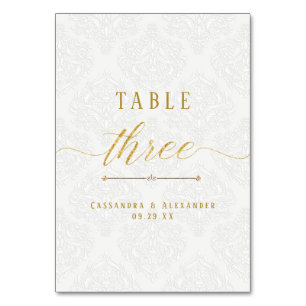 Elegante Schrift Weiß Spitze Gold 3 Drei Hochzeit Tischnummer