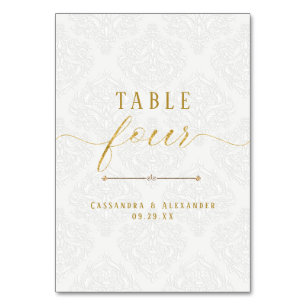 Elegante Schrift Weiße Spitze Gold 4 Vier Hochzeit Tischnummer