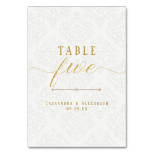 Elegante Schrift Weiße Spitze Gold 5 Fünf Hochzeit Tischnummer
