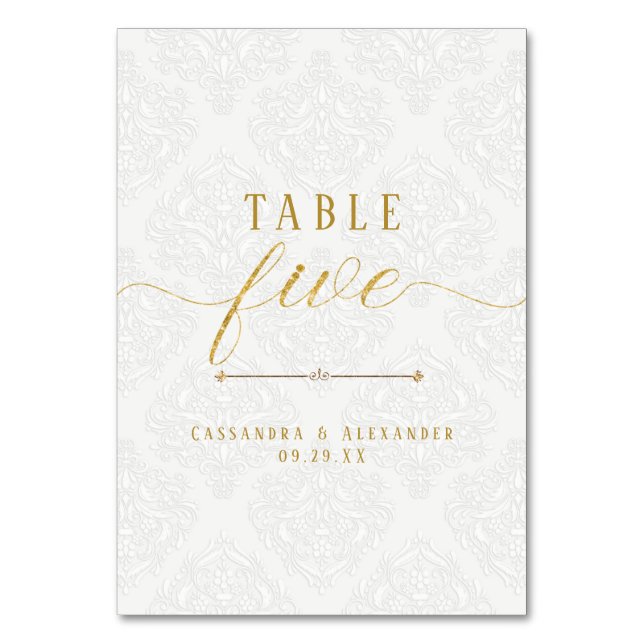 Elegante Schrift Weiße Spitze Gold 5 Fünf Hochzeit Tischnummer (Vorderseite)
