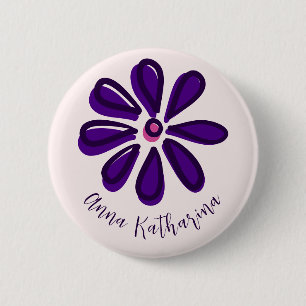 Elegante Schriftart Name Lila Blumen-Schnörkel Button