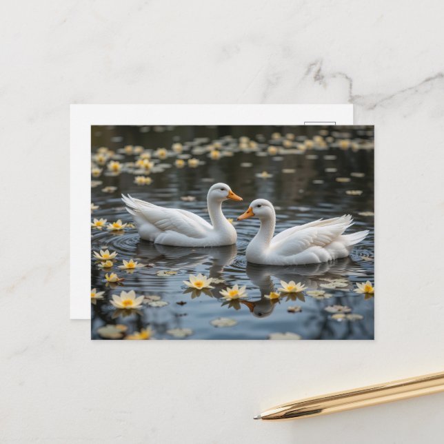 Elegante Schwäne am Mondlichtsee Postkarte (Vorderseite/Rückseite Beispiel)