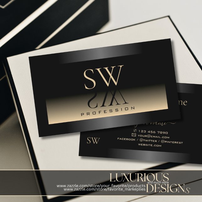 Elegante Schwarz Beige Gradient und Monogram Moder Visitenkarte (Von Creator hochgeladen)