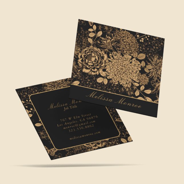 Elegante Schwarz & Beige Wildblumen Beruflich Quadratische Visitenkarte (Von Creator hochgeladen)