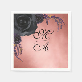 Elegante Schwarz-Blüten-Blüten-Monogramm-Hochzeit Serviette