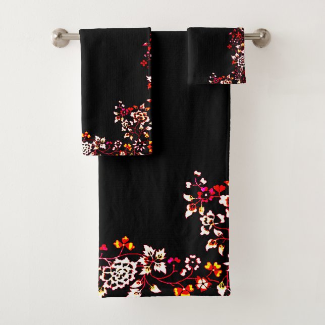 Elegante Schwarz Floral Muster Badetücher Badhandtuch Set (Insitu)