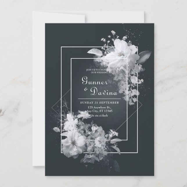 Elegante Schwarz Floral White Bloom Akzente Hochze Einladung (Vorderseite)