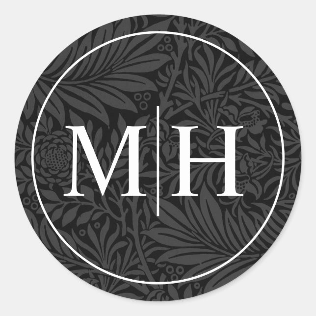 Elegante Schwarz Floral White Monogram Wedding Runder Aufkleber (Vorderseite)
