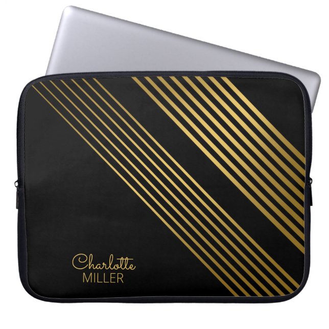 Elegante Schwarz-Gold Abstrakte Linien und Individ Laptopschutzhülle (Vorderseite)