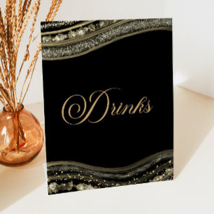 Elegante Schwarz-Gold-Achat-Party-Drinks Sockelschild