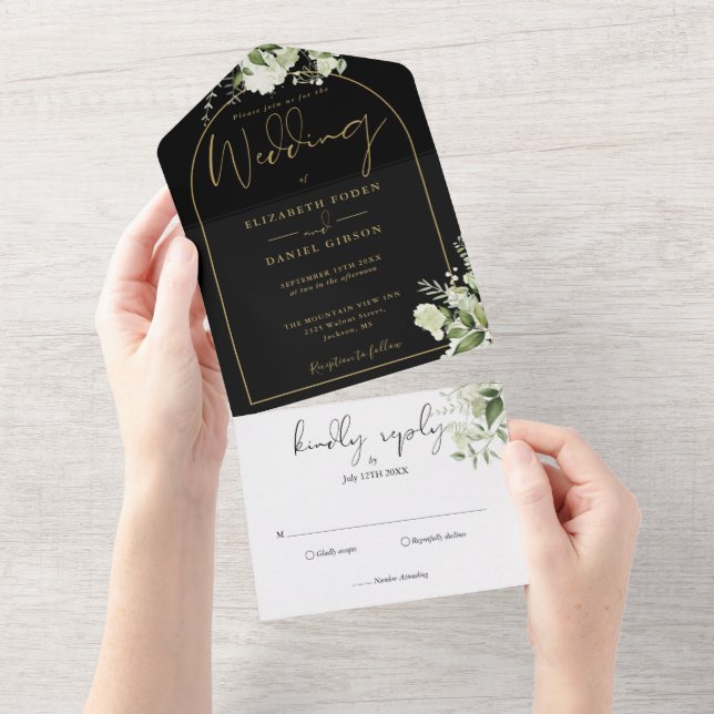 Elegante Schwarz-Gold-Arch-Grüne Hochzeit All In One Einladung (Abreißen)