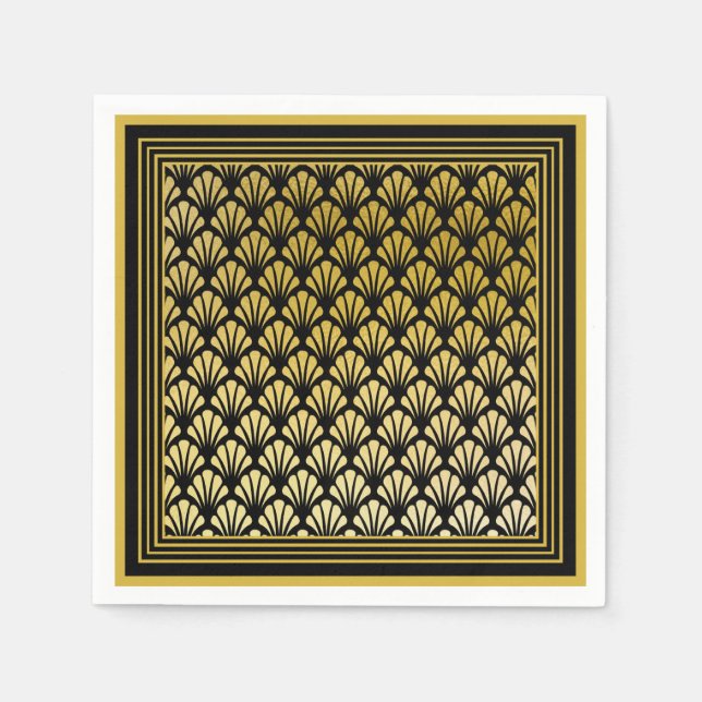 Elegante Schwarz & Gold Art Deco Fan Muster Hochze Serviette (Vorderseite)