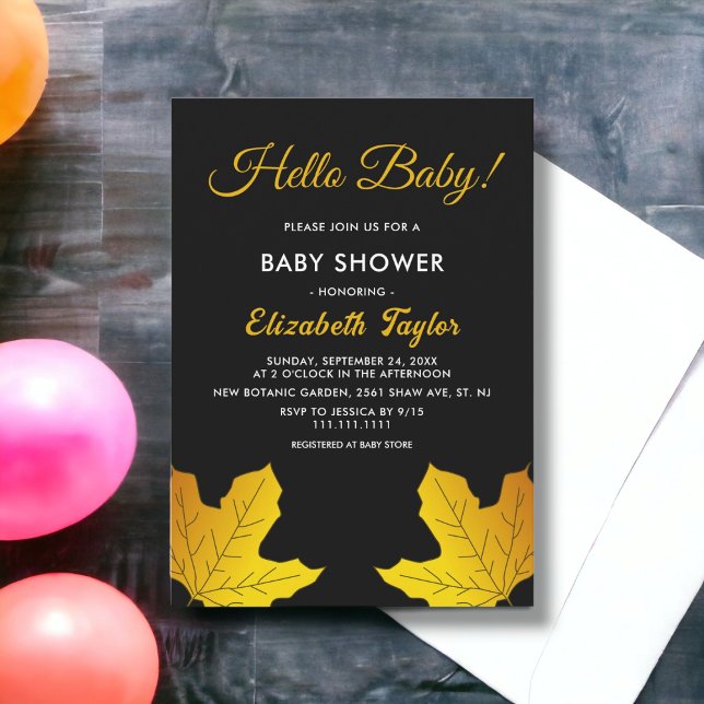 Elegante Schwarz-Gold-Blätter fallen Babydusche Einladung (Von Creator hochgeladen)