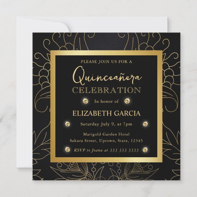 Elegante Schwarz-Gold Botanische Quinceanera Einladung (Vorderseite)
