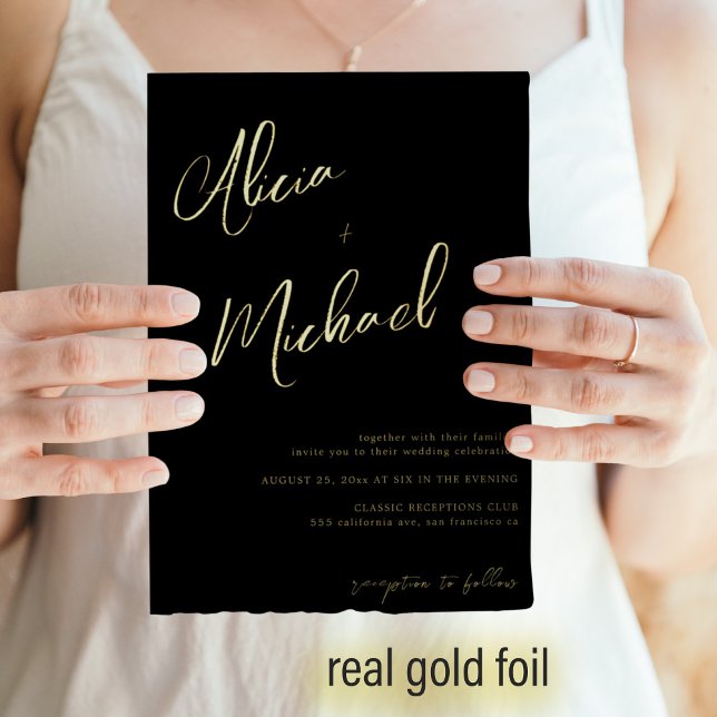 Elegante Schwarz-Gold-Echtfolie-Hochzeit Folieneinladung (Von Creator hochgeladen)