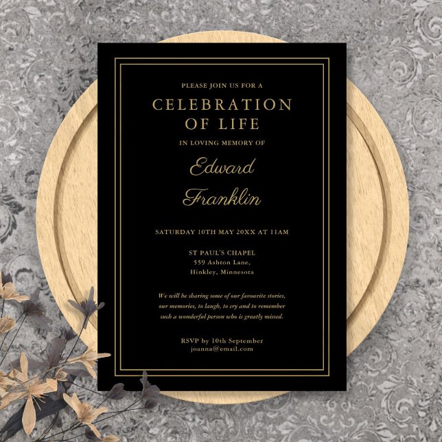 Elegante Schwarz-Gold-Feier zur Beerdigung des Leb Einladung (Elegant Black And Gold Celebration Of Life Funeral Invitation)