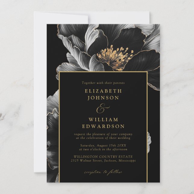 Elegante Schwarz-Gold-Flora-Chic-Hochzeit Einladung (Vorderseite)