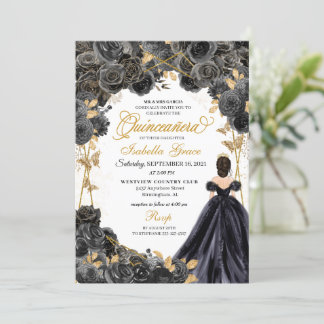 Elegante Schwarz-Gold-Floral Quinceanera Einladung