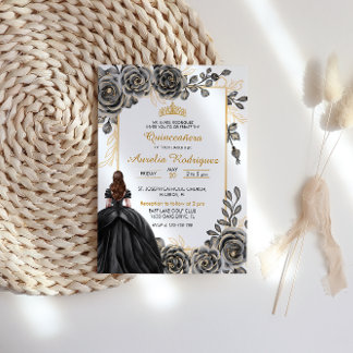 Elegante Schwarz-Gold-Floral Quinceanera Einladung
