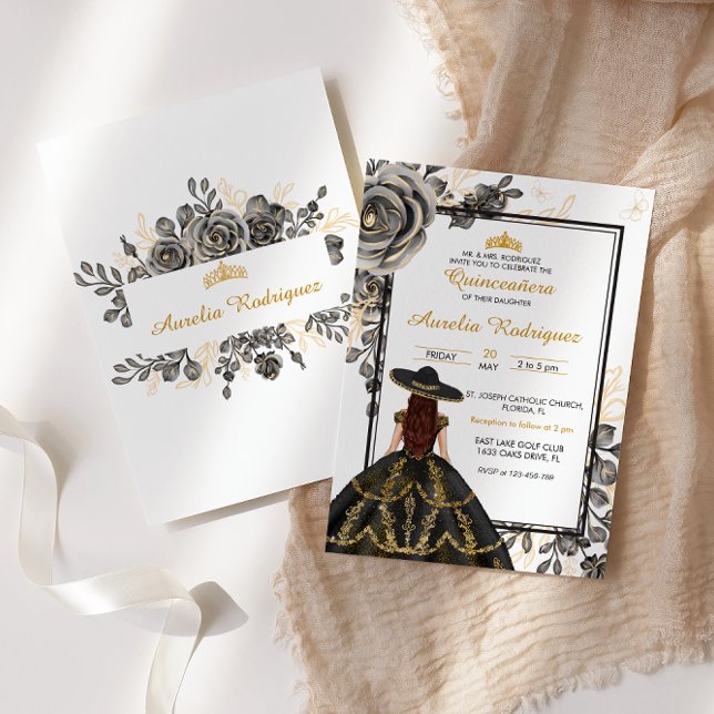 Elegante Schwarz-Gold-Floral Quinceanera Einladung (Von Creator hochgeladen)
