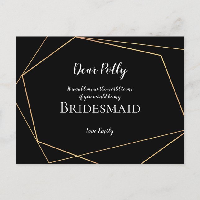 Elegante Schwarz & Gold Geometric/Bridesmaid-Anfra Postkarte (Vorderseite)