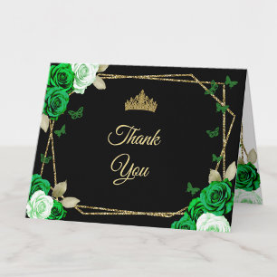 Elegante Schwarz Gold Grün Rosen Quinceanera Dankeskarte