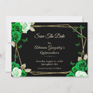Elegante Schwarz Gold Grüne Rosen Quinceanera Save The Date