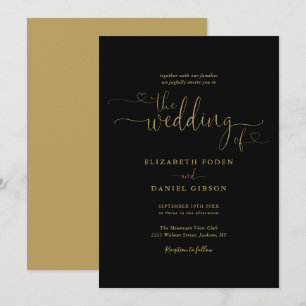 Elegante Schwarz-Gold-Herz-Kalligrafie-Hochzeit Einladung