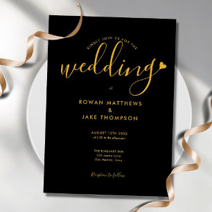 Elegante Schwarz-Gold-Herz-Script-Hochzeit Einladung