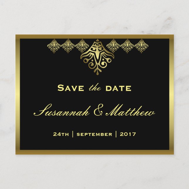 Elegante Schwarz-Gold-Hochzeit Ankündigungspostkarte (Vorderseite)