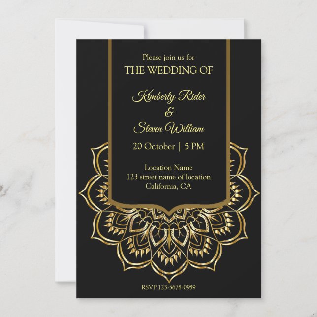 Elegante Schwarz-Gold-Hochzeit Einladung (Vorderseite)
