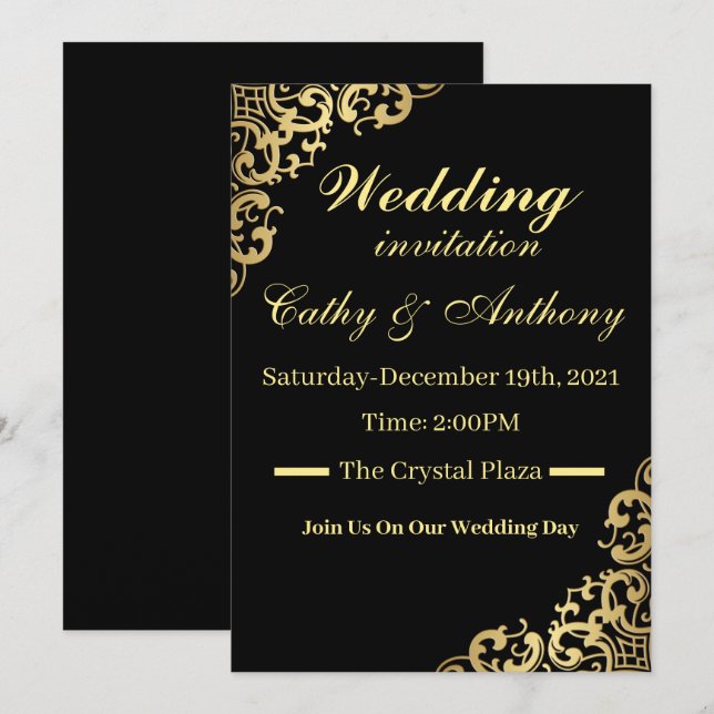 Elegante Schwarz-Gold-Hochzeit Einladung (Vorne/Hinten)