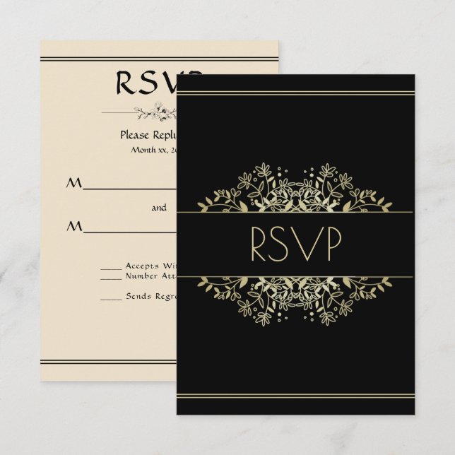 Elegante Schwarz-Gold-Hochzeit RSVP Karte (Vorne/Hinten)