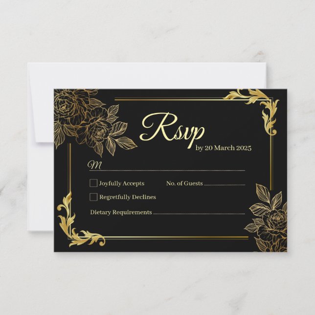 Elegante Schwarz-Gold-Hochzeit RSVP Karte (Vorderseite)