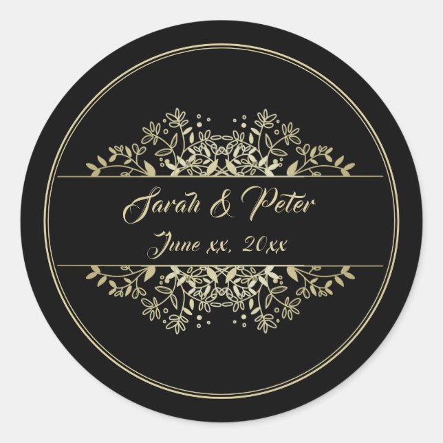 Elegante Schwarz-Gold-Hochzeit Runder Aufkleber (Vorderseite)